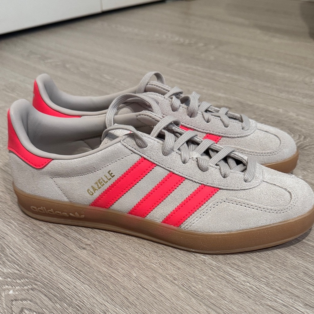 adidas Gazelle Suede Sneakers - Light Gray with Neon Pink Accents